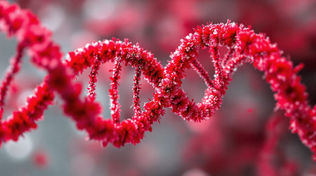 Intricate DNA strands highlighted by rich red tones, emphasizing the beauty of scientific exploration.の素材