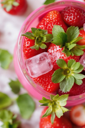 Bright red strawberries topped with fresh mint and ice create a colorful and refreshing summer snack or dessert.の素材