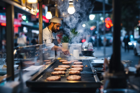 Chef prepares delicious burgers on a grill under city lights during a lively night filled with food aromas.の素材