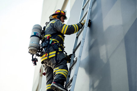 A firefighter climbs a ladder to conduct a crucial response operation in a city. The equipment reflects their readiness.の素材