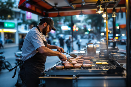 Street vendor skillfully prepares burgers while crowds bustle by on a lively downtown evening.の素材