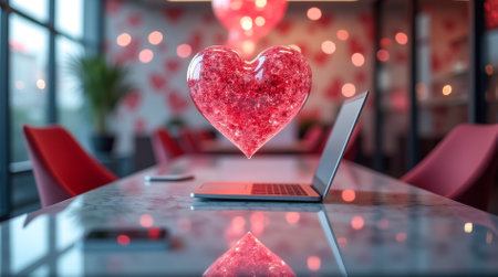 A workspace features a levitating heart-shaped tool in a love-themed, modern design with geometric elements.の素材