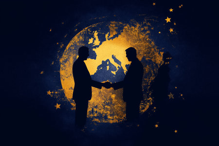 Two figures shake hands in front of a stylized globe, symbolizing international collaboration and unity.の素材
