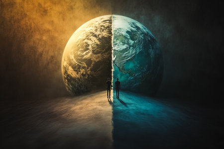 Two figures stand before a split Earth, symbolizing isolation between contrasting environments and experiences.の素材