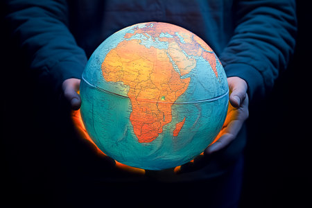 Hands hold a vibrant globe of Africa, showing its colorful geographical details.の素材