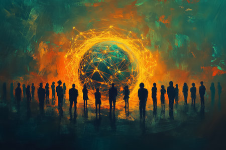 Silhouettes gather around a glowing globe, representing connectivity and unity in a colorful, abstract setting.の素材