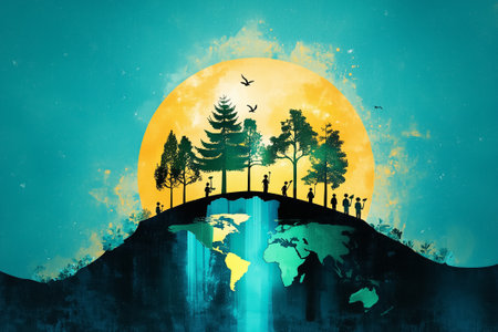A digital painting showcases a vibrant globe surrounded by diverse trees and figures, emphasizing growth and unity.の素材
