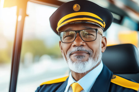 Smiling bus driver wearing a uniform and glasses, engaged in his work within a modern vehicle interior.の素材