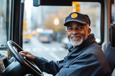 A bus driver sits confidently at the wheel, smiling while surrounded by the vibrant energy of the city.の素材