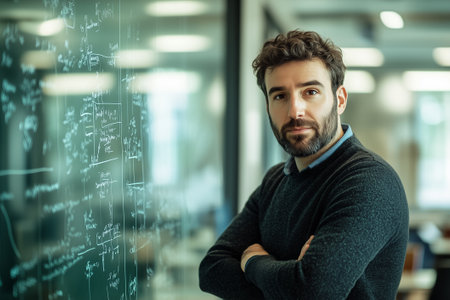A man in a sweater stands with arms crossed by a glass board filled with math equations, showing his love for math.の素材