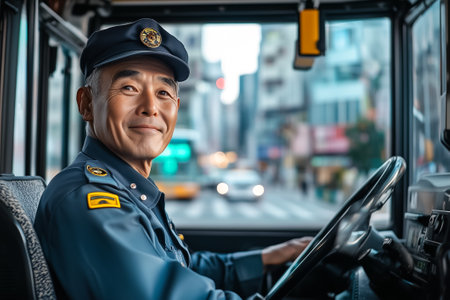 Bus driver in uniform beams with joy while driving through the busy city, showcasing a moment of dedication and service.の素材