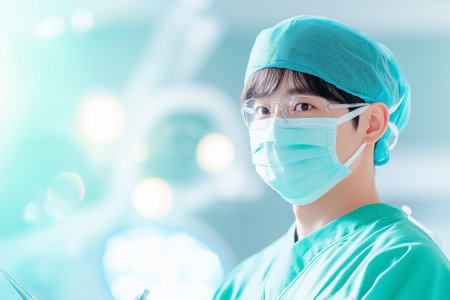 A skilled surgeon in protective gear stands ready in a sterile room for a vital operation.の素材