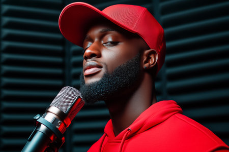 A male singer dressed in vibrant red leans into a microphone in a minimalist studio, showcasing artistic expression.の素材