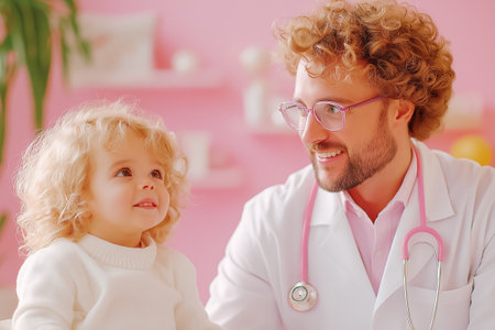 A pediatrician smiles with a happy child in a bright, cheerful space designed for kids.の素材