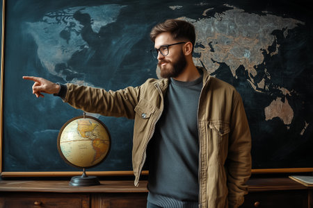 A man gestures towards a large world map, surrounded by a vintage globe in a simple office environment.の素材