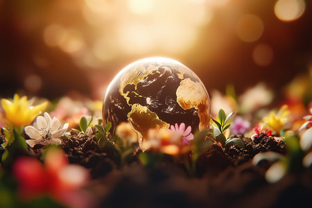 A globe rests among vibrant flowers, glowing in warm evening light, creating a serene atmosphere.の素材
