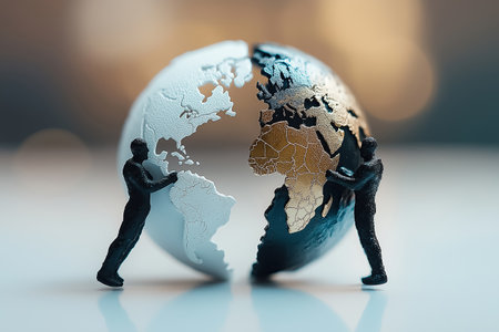 A globe split in two shows humans collaborating but separated, symbolizing unity and division.の素材