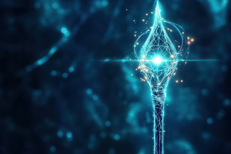 A glowing energy formation shines brilliantly against a deep blue cosmic backdrop.の素材