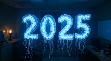 Jellyfish-inspired lights float through a dim office, showcasing the year 2025 with glowing tentacles.の素材
