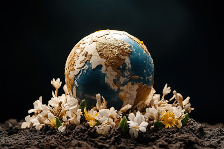 A globe rests delicately among vibrant flowers in a tranquil, isolated environment, showing the harmony of nature.の素材