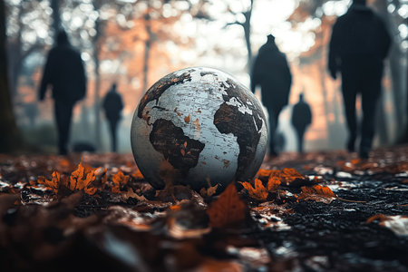 Globe sits on a leaf-covered ground as figures in shadows stroll through a misty forest in autumn.の素材