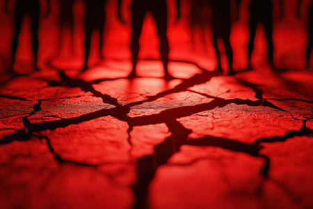 Cracked earth foregrounds dark figures against a vibrant red backdrop, evoking desolation.の素材
