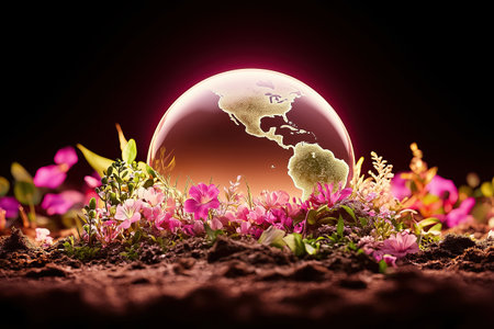 A glowing globe rests among colorful flowers in a serene, isolated environment during twilight.の素材