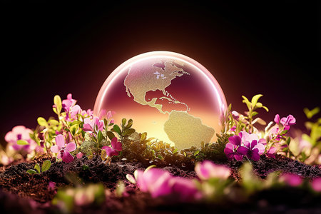 A globe is nestled among blooming flowers, symbolizing nature and the interconnectedness of the world at dusk.の素材