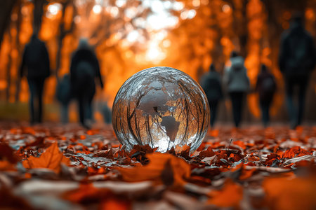 A globe rests on vibrant autumn leaves, surrounded by blurred figures strolling through a forest path.の素材