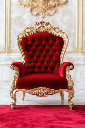 A velvet throne with gold details rests on a plush carpet, exuding regal charm and luxury.の素材