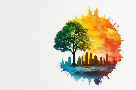 A vibrant globe shows growing trees alongside a city skyline, highlighting nature's balance with urban life.の素材
