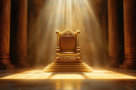 A central golden throne stands in a grand hall, bathed in warm light from above and surrounded by towering pillars.の素材