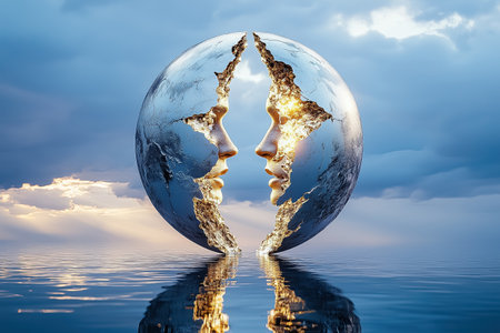 A globe is divided into two parts, showcasing glowing human faces that reflect on the calm water beneath.の素材