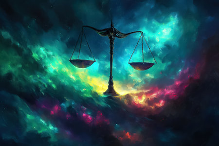 Abstract digital painting of scales of justice set in a vibrant cosmic landscape.の素材