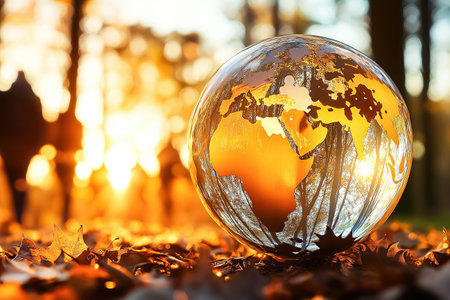 A globe is partially covered, presenting global continents with warm autumn colors in a tranquil outdoor environment.の素材