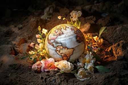 A globe rests amid delicate flowers, showcasing nature's beauty and the world's diversity in solitude.の素材
