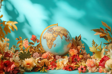 A globe rests amidst colorful flowers, creating a charming display of nature and the world's continents.の素材