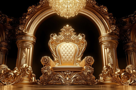 A luxurious golden throne with intricate designs dominates a richly decorated chamber beneath a sparkling chandelier.の素材