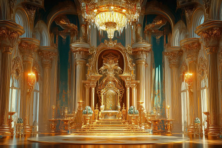 A grand golden throne occupies a lavishly designed palace filled with ornate architecture and elegant lighting.の素材