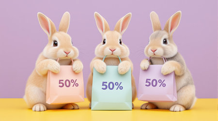 Three adorable rabbits stand together, each holding a bag marked with a discount, set against a pastel background.の素材