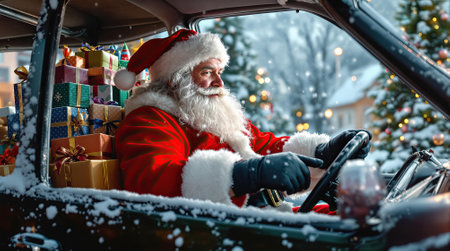 Santa navigates through a snowy landscape, surrounded by Christmas trees and colorful presents in the car.の素材