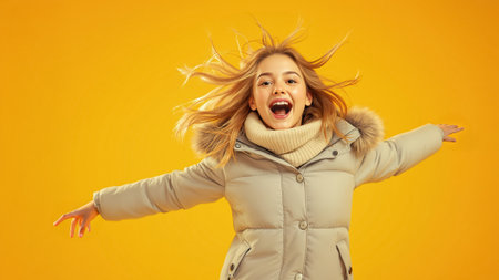 A young girl with long hair leaps in excitement, surrounded by a vibrant yellow background while dressed warmly.の素材