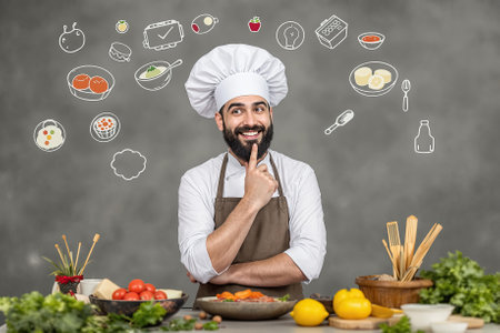 A chef stands thoughtfully in a kitchen surrounded by fresh produce and cooking utensils while contemplating dishes.の素材