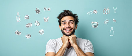 A joyful young man smiles broadly, surrounded by playful illustrations of various food and drink items.の素材