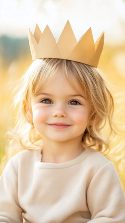 A young child with a paper crown is smiling brightly, enjoying a beautiful sunny day in a field of tall grass.の素材