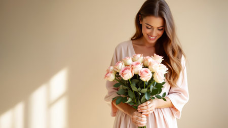 A mother gazes lovingly at a bouquet of pink and white roses, enjoying a gentle moment of tenderness and joy.の素材