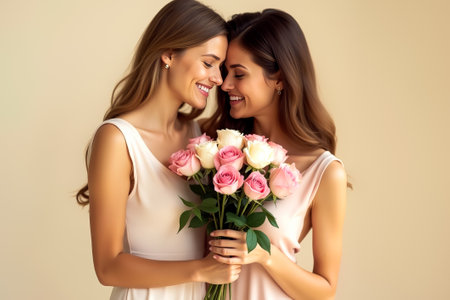 A mother cradles pink and white roses, sharing a warm moment with her daughter in soft light.の素材