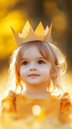 A smiling child in a bright outfit and paper crown is surrounded by colorful autumn leaves in a park.の素材