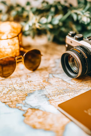 A collection of travel items rests on a map, including sunglasses, a camera, and a passport, ready for an adventure.の素材