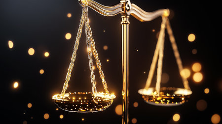 Glowing chains connect a tilted set of scales, evoking themes of justice and balance in a mystical setting.の素材
